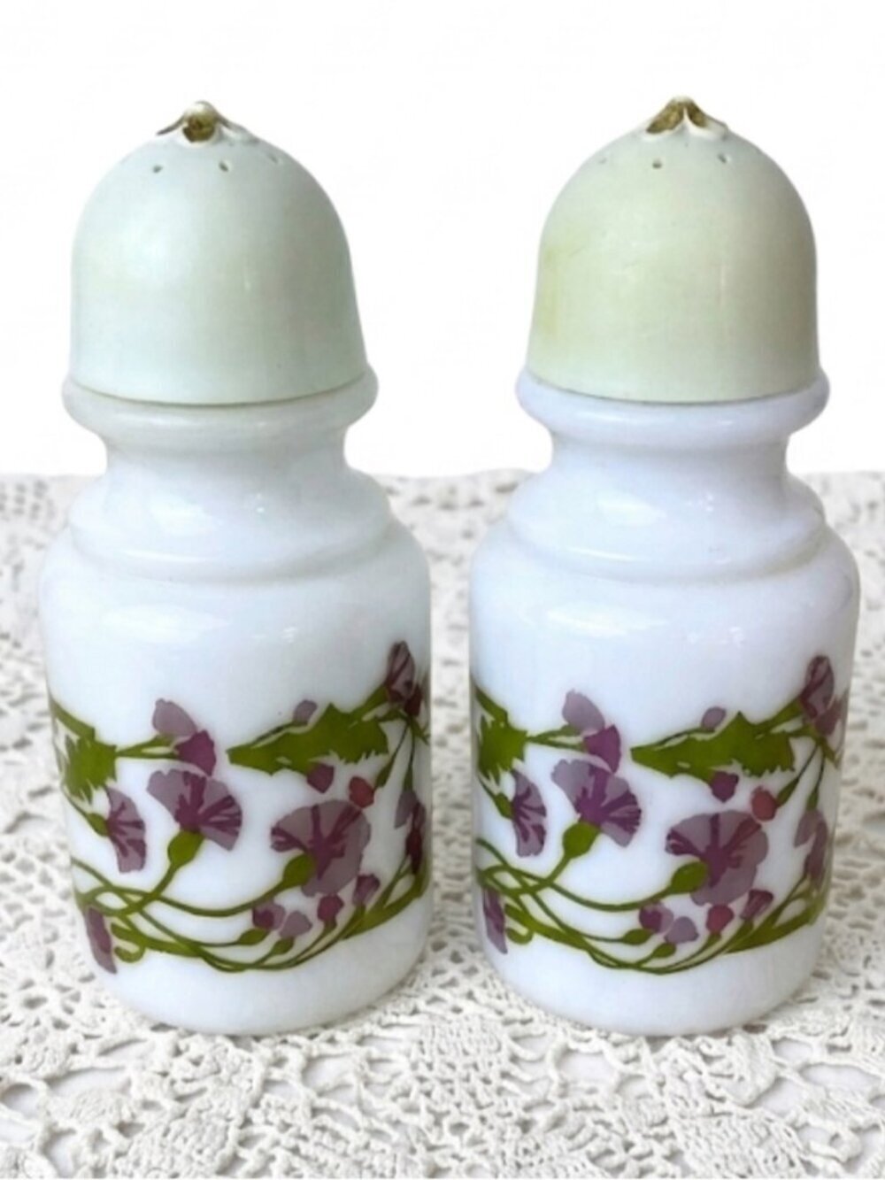 Avon Milk Glass Vintage Bath Oil Bottles  White Lilac Purple Flowers 2 PC 1967